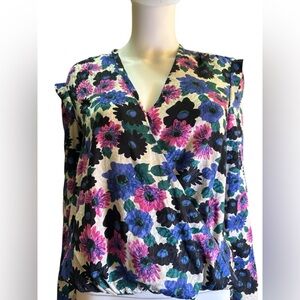 Veronica Beard Silk Floral Print Wrap Front Tuck Blouse Size 4 Multicolor EUC